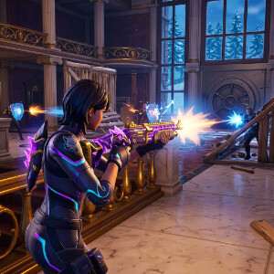 Fortnite featured thumbnail met een gewapende skin en kleurrijke achtergrond voor Mythic weapons locaties