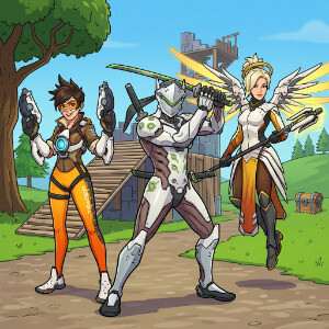 Fortnite featured thumbnail met een Overwatch crossover-thema en personage-actie in neonstijl
