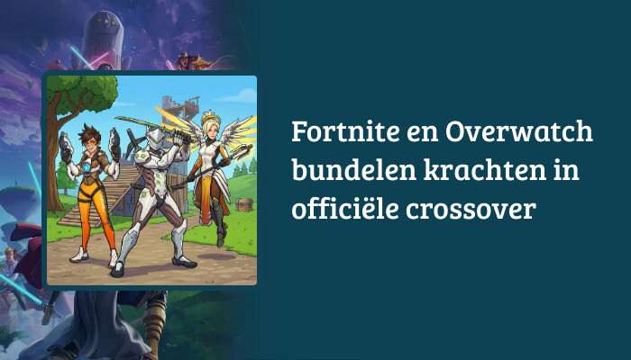 Brede H1-banner voor Fortnite artikel met Overwatch crossover en de titel als tekstoverlay