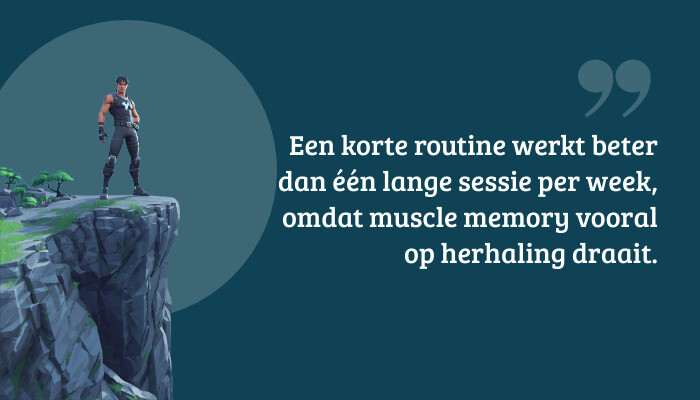 Fortnite quote-banner met tekst over korte routine en herhaling voor muscle memory bij piece control
