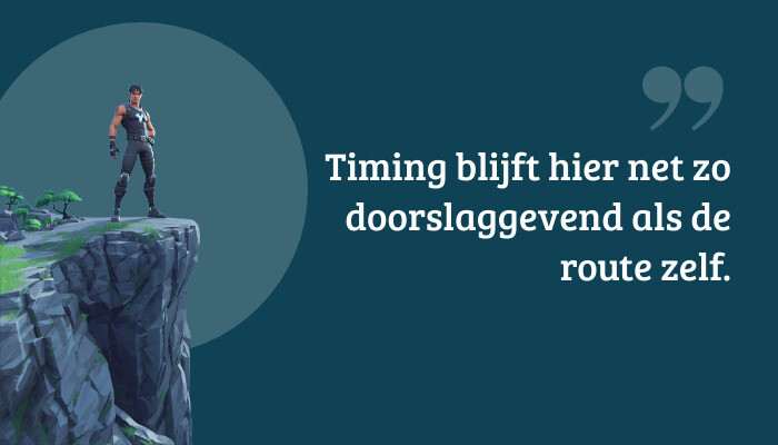 Fortnite quote-banner met tekst over timing en route, met achtergrondbeeld van de storm circle