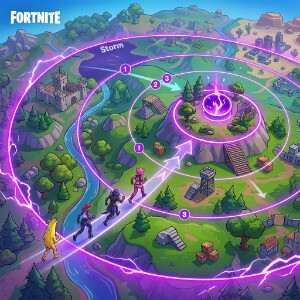 Fortnite featured thumbnail met storm circle in paarsblauwe zone rond een speler