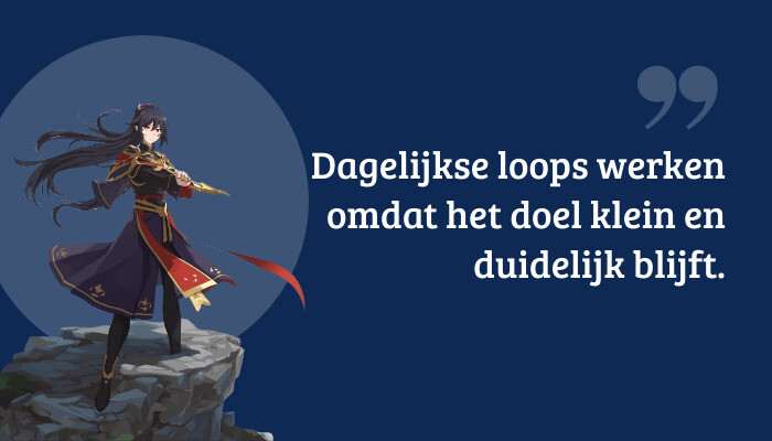 Genshin Impact quote-banner met de tekst over dagelijkse loops en een klein, duidelijk doel