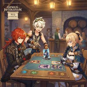 Uitgelichte thumbnail voor Genshin Impact over Genius Invokation TCG met een personage in kaartspelstijl