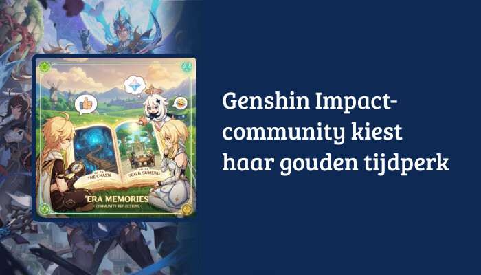 Genshin Impact H1-banner met titeltekst 'community kiest haar gouden tijdperk' over game-artwork