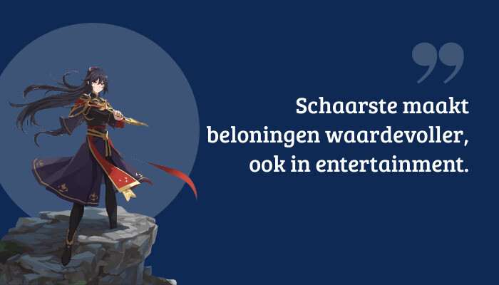 Quote-banner bij Genshin Impact met citaat over schaarste en beloningen als tekstoverlay