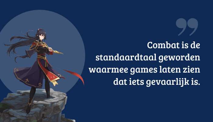Quote-banner met citaat over combat als standaardtaal voor gevaar, bij Subnautica 2-context