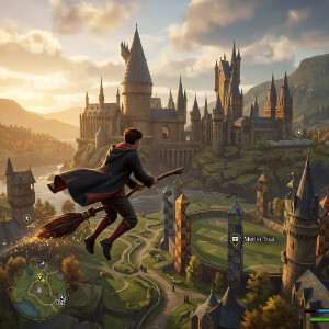 Featured thumbnail voor Hogwarts Legacy met een personage voor Hogwarts Castle in een magische openwereld
