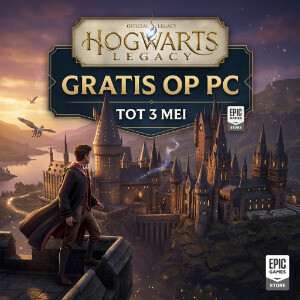 Uitgelichte thumbnail van Hogwarts Legacy met een magiebr bij het kasteel van Zweinstein