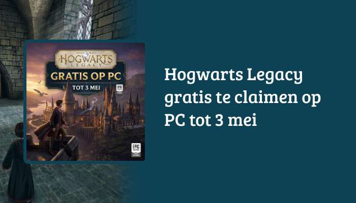 Brede H1-banner voor Hogwarts Legacy met titeloverlay over gratis claimen op PC tot 3 mei