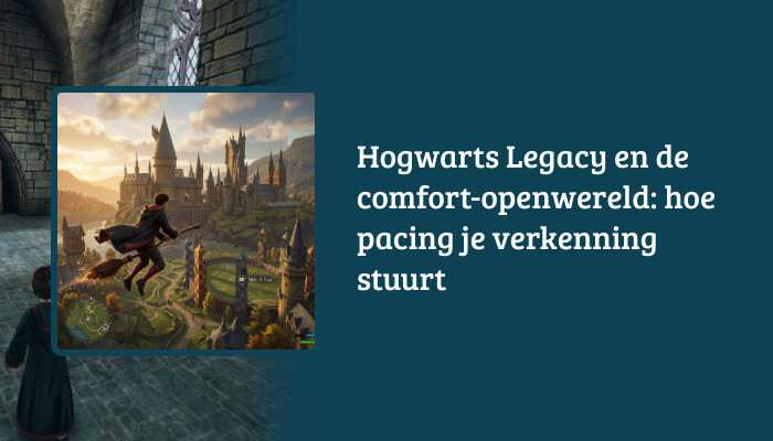 H1-banner voor Hogwarts Legacy met titeloverlay over comfort-openwereld en pacing die verkenning stuurt