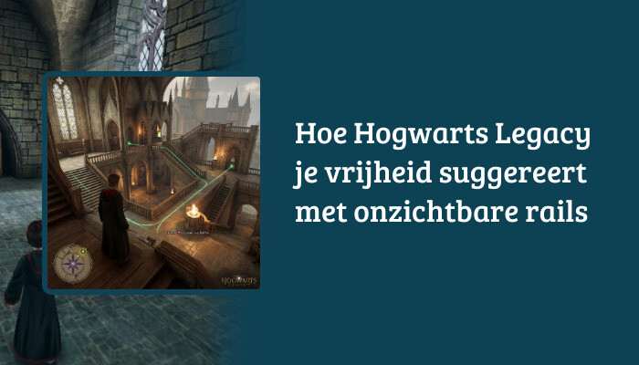 Hogwarts Legacy H1-banner met titeloverlay over vrijheid en onzichtbare rails, met Hogwarts op de achtergrond