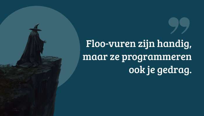 Hogwarts Legacy quote-banner met pull quote over Floo-vuren en hoe fast travel je gedrag stuurt