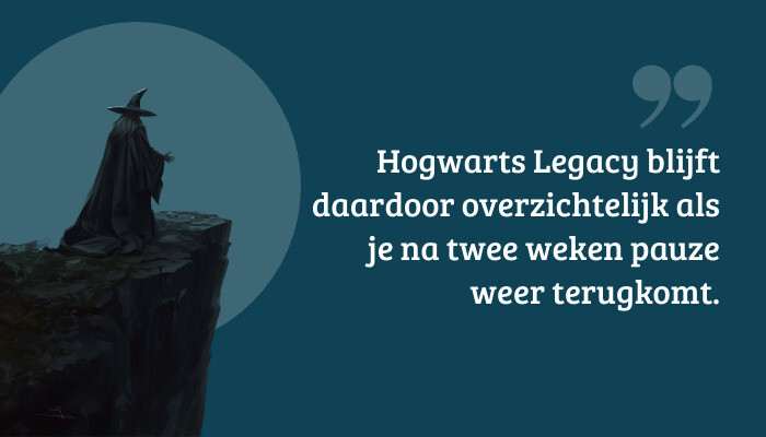 Quote-banner bij Hogwarts Legacy met pull quote over overzichtelijk terugkomen na twee weken pauze