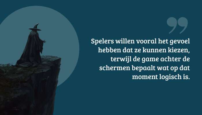 Quote-banner bij Hogwarts Legacy met pull-quote over spelerskeuze en hoe de game achter de schermen stuurt