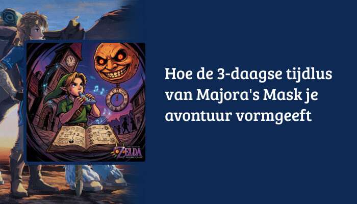 H1-banner voor The Legend of Zelda: Majora's Mask met titeloverlay over de 3-daagse tijdlus
