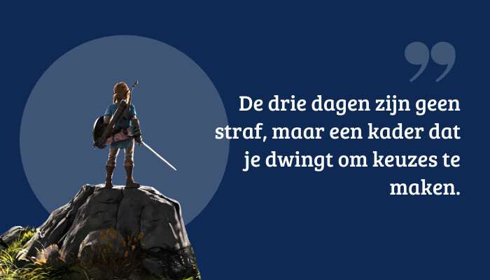Quote-banner van The Legend of Zelda: Majora's Mask met pull-quote over keuzes binnen drie dagen