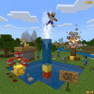 Minecraft (Bedrock Edition) featured thumbnail met blokkerige scene rond beta met geysers en Sulfur Cubes