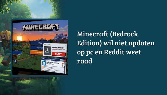 H1-banner met titeloverlay over Minecraft (Bedrock Edition) dat niet wil updaten op pc, met Minecraft-visuals