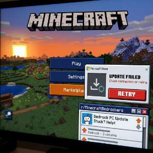 Featured thumbnail voor Minecraft (Bedrock Edition) met blokkerig personage, bij artikel over updateprobleem op pc