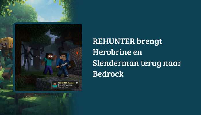 H1-banner voor Minecraft (Bedrock Edition) met titeloverlay over REHUNTER en de terugkeer van Herobrine