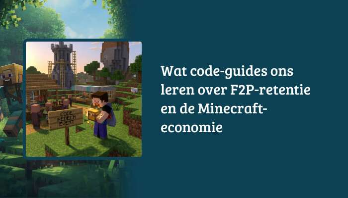Brede Minecraft H1-banner met titeloverlay over F2P-retentie, code-guides en de Minecraft-economie
