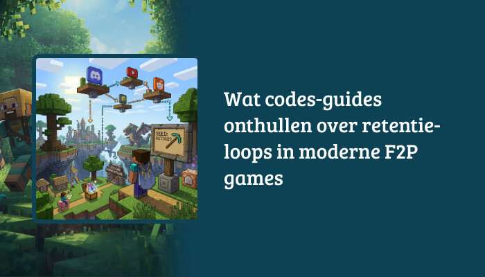 Brede Minecraft H1-banner met titeloverlay over codes-guides en retentie-loops in moderne F2P games
