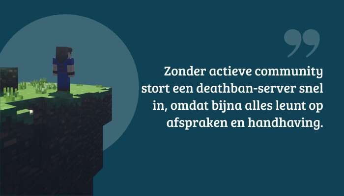 Quote-banner in Minecraft: Java Edition stijl met pull quote over community, afspraken en handhaving