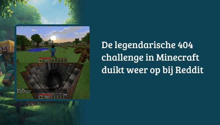 H1-banner voor Minecraft: Java Edition met de titel over de 404 challenge als tekstoverlay op een blokkerige achtergrond