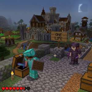 Minecraft: Java Edition featured thumbnail met een deathban SMP-sfeer en blokkerige landschapachtergrond