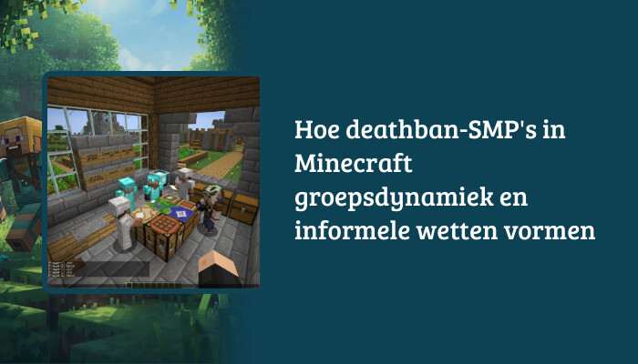 Brede H1-banner voor Minecraft: Java Edition met titeloverlay over deathban-SMP groepsdynamiek