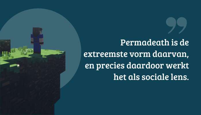 Quote-banner voor Minecraft: Java Edition met het citaat over permadeath als sociale lens
