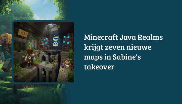 Minecraft: Java Edition H1 banner with the article title overlay for seven new Realms maps in Sabine's takeover