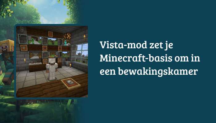 H1-banner voor Minecraft: Java Edition met titeloverlay over een Vista-mod bewakingskamer in een basis