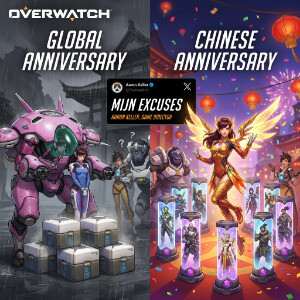 Overwatch featured thumbnail met de held Tracer, bij artikel over 10 jaar en een teleurstellend event
