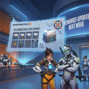 Overwatch 2 featured thumbnail met Tracer en artikelthema over mislukte jubileumrewards