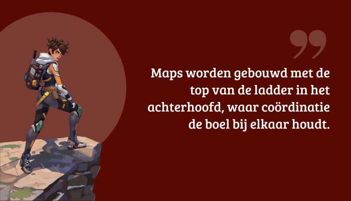 Overwatch 2 quote-banner met pull quote over hoe maps top-ladder coördinatie vereisen om teams bij elkaar te houden