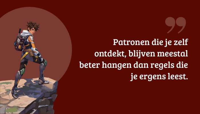 Overwatch 2 quote-banner met pull quote over patronen ontdekken, op een dynamische teamfight-achtergrond