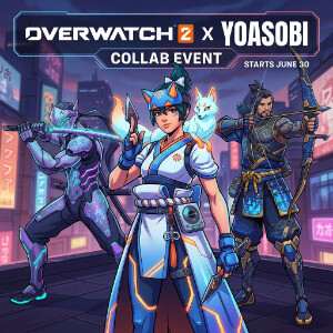 Overwatch 2 featured thumbnail met een heldenportret rond de YOASOBI-collab