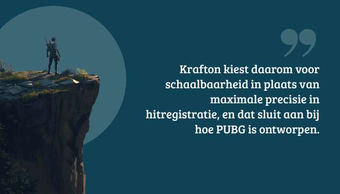 Quote-banner bij PUBG: Battlegrounds met citaat over schaalbaarheid en precisie van hitregistratie