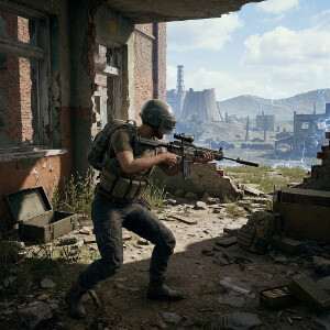Uitgelichte thumbnail voor PUBG: Battlegrounds met een gewapende speler in een mistig slagveld