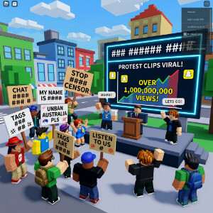 Roblox featured thumbnail met Roblox-logo en protestgevoel rond de chatfilter