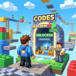Roblox featured thumbnail met een blocky avatar die het thema codes en tutorial-locks uitbeeldt