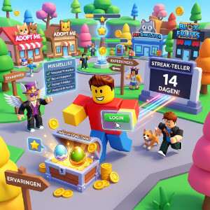 Roblox featured thumbnail met kleurrijke Roblox-avatar en visuals die daily's en login-beloningen suggereren