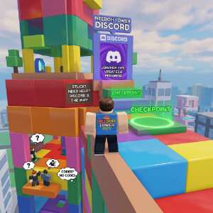 Roblox featured thumbnail van Needoh Tower met een blokkerig personage en kleurrijke torenachtergrond