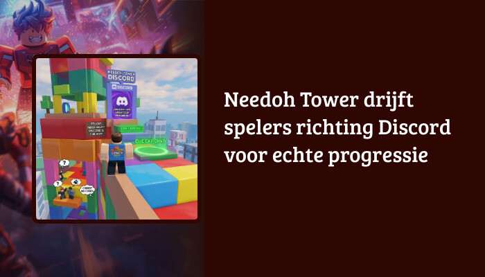 Roblox H1-banner voor Needoh Tower met de artikeltitel als tekstoverlay op de game-afbeelding