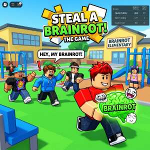 Roblox featured thumbnail met een cartoonachtige Brainrot-figuur voor het artikel over Steal a Brainrot
