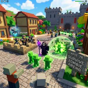 Roblox featured thumbnail met Necromancer uit Survive Zombie Arena in donkere undead-stijl