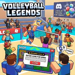 Roblox featured thumbnail for Volleyball Legends with stylized characters promoting gratis Spins