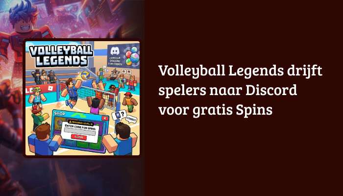 Wide Roblox H1 banner showing Volleyball Legends art with the title about Discord for gratis Spins